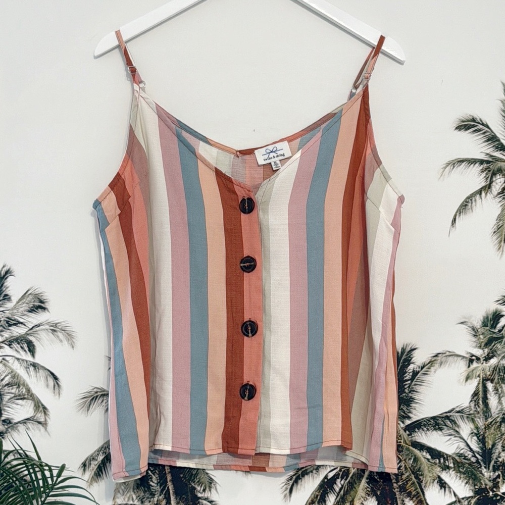 Twine & String Pastel Stripe Button Front Flowy Tank Top Spaghetti Strap Blouse